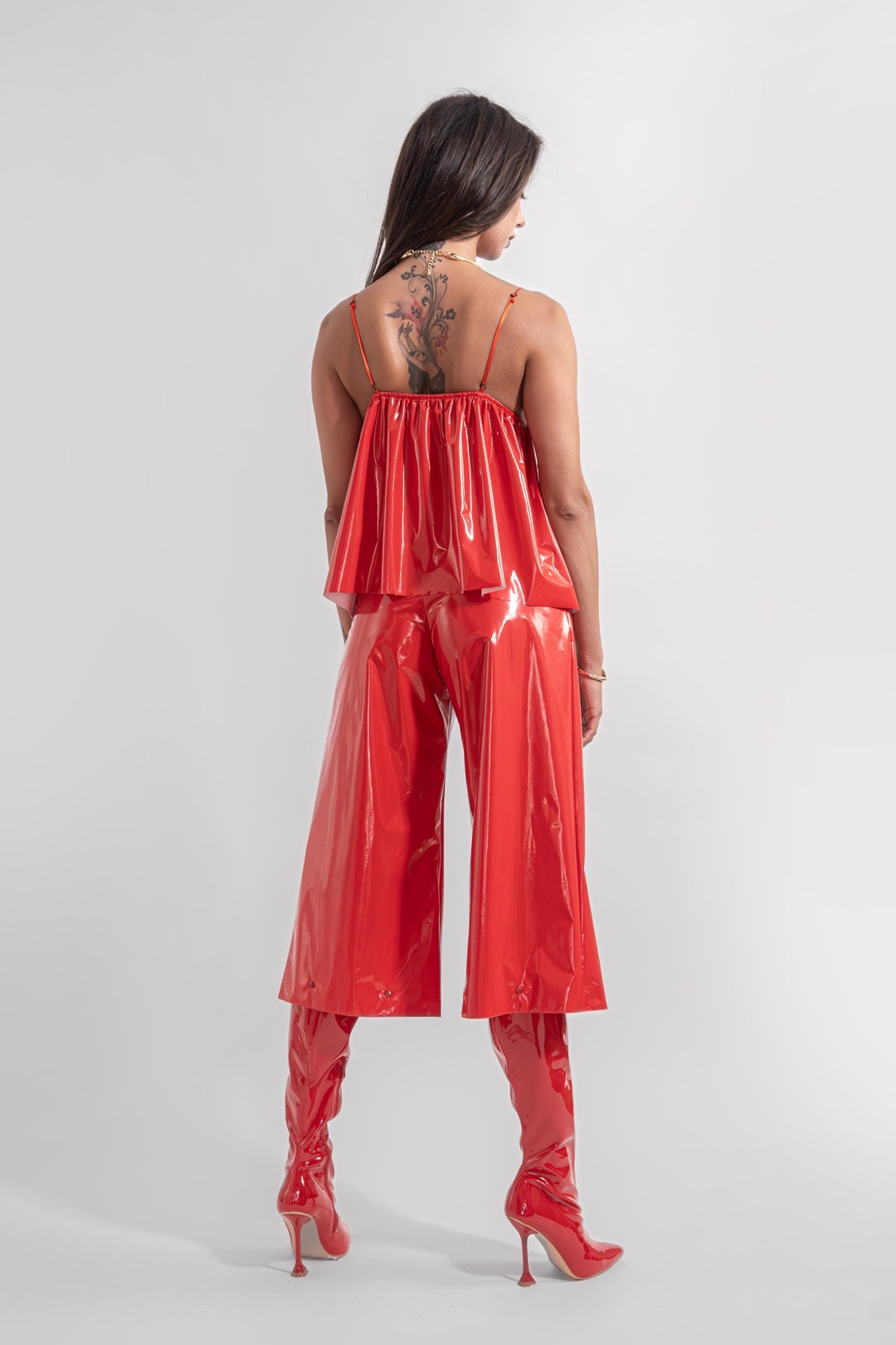 Capri Red Pants | Women Latex Look Clothing Handmade Faux Leather Trousers Red Flair Pants Glossy Wide Trendy Fashion Relaxed Fit Pleat