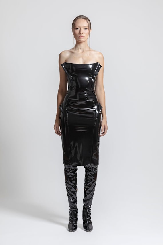 TACRAI Glossy Black Dress | Vegan Wetlook Leather Hot Cocktail Outfit Women  Clothing Midi Sleeveless Evening Wear Strapless Event Latex Wet - Etsy