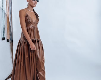 Caramel Brown Dress | Vegan Leather Full Skirt Strapless Handmade Dress Women Long Clothing Apparel Event Fashion Bold Elegant Faux Leather Caramel Brown Dress | Vegan Leather Full Skirt Strapless Handmade Dress Women Long Clothing Apparel Event Fashion Bold Elegant Faux Leather