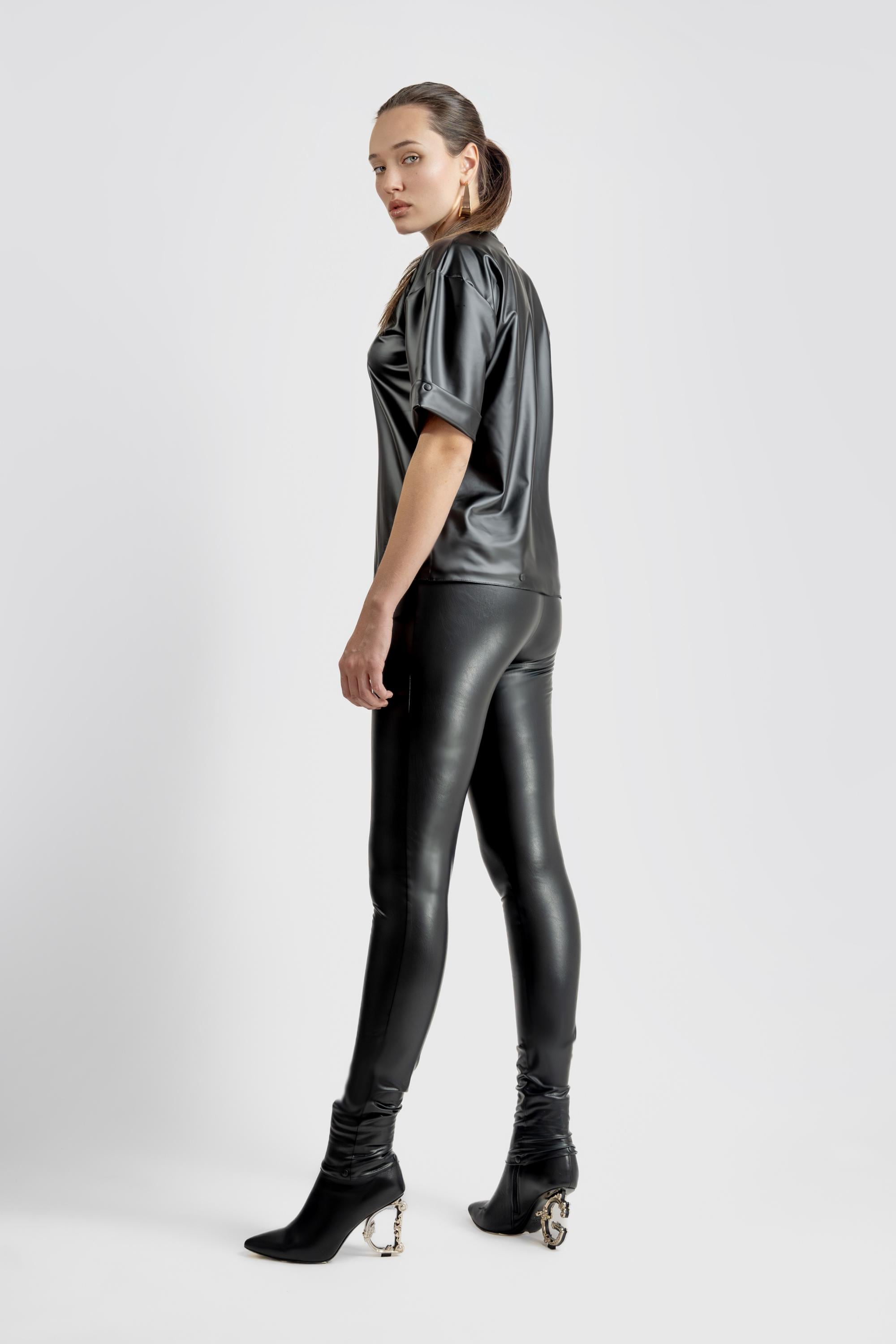 Black Faux Leather T-shirt | Vegan Leather Top Tee Edgy Shirt 