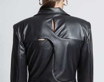 Asymmetric Vegan Leather Blazer | Women Black Jacket Faux
