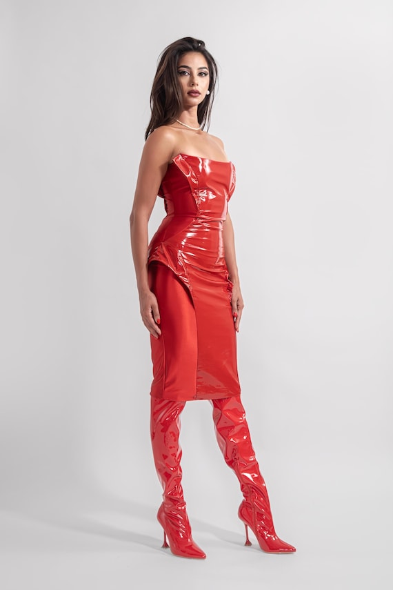 TACRAI Glossy Red Dress | Vegan Wet look Leather Hot Cocktail Outfit Women Clothing Midi Sleeveless Evening Wear Strapless Event Latex Dress TACRAI Glossy Red Dress | Vegan Wet look Leather Hot Cocktail Outfit Women Clothing Midi Sleeveless Evening Wear Strapless Event Latex Dress