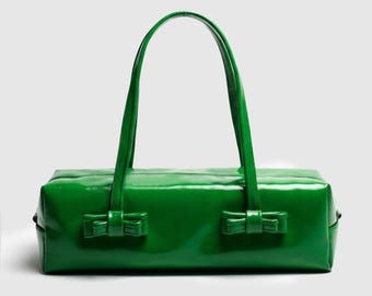 Bolso de hombro de charol verde – Bolso baguette hecho a mano, bolso de cuero minimalista estructurado, bolso de hombro de diseñador para mujer