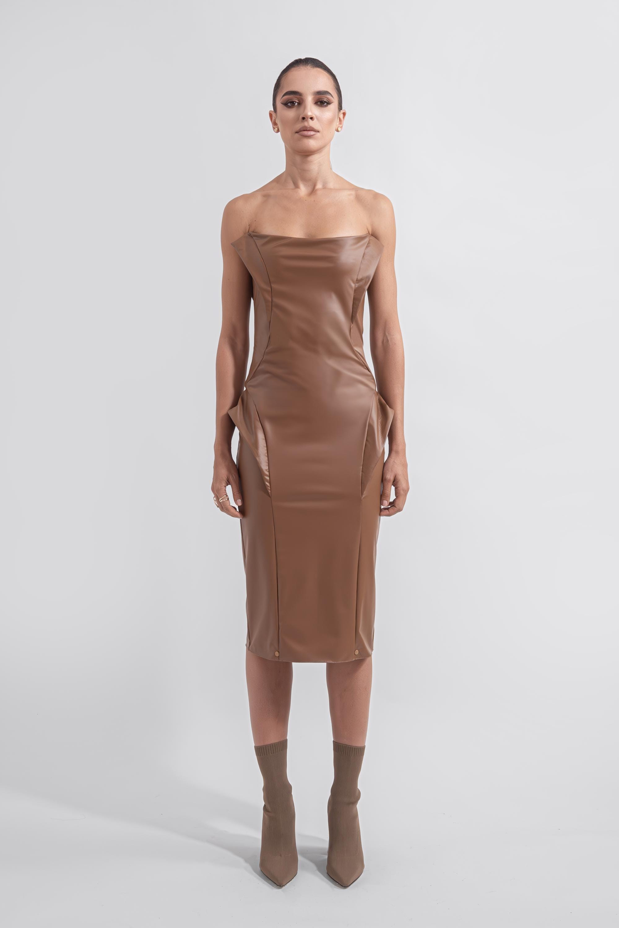 TACRAI Strapless Mocha Dress | Brown Faux Leather Chic Party Look Women Midi Sleeveless Handmade Statement Evening Attire Event Outfit