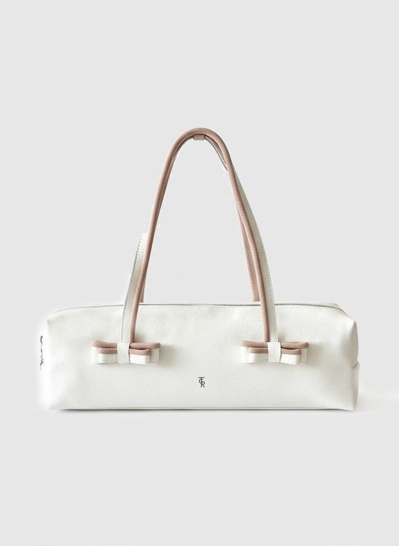 White Leather Shoulder Bag – Handmade Baguette Purse, Pink Suede Detail Handbag, Structured Minimalist Leather Bag, Women Designer