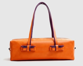 Orange Leather Shoulder Bag – Handmade Baguette Purse, Purple Suede Accent Handbag, Structured Minimalist Leather Bag, Women’s Designer