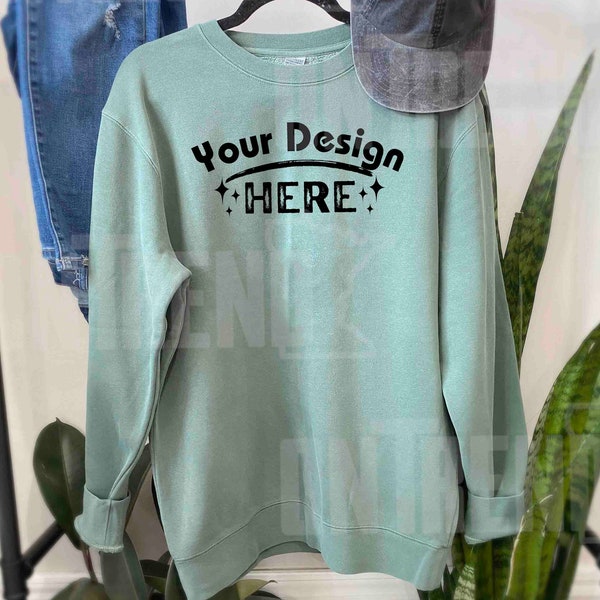 PRM3500 mockup green sweatshirt Independent Trading Co olive crewneck sweater download military green sweatshirt mock-up minimalistic style