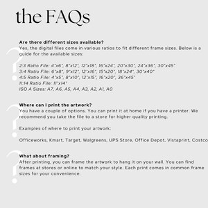 K&ouml;nnte beinhalten: Ein wei&szlig;es Textdokument mit der &Uuml;berschrift "the FAQS" und Informationen zu verschiedenen Gr&ouml;&szlig;en und Druckoptionen f&uuml;r Kunstwerke. Der Text enth&auml;lt Informationen zu verschiedenen Seitenverh&auml;ltnissen und Gr&ouml;&szlig;en f&uuml;r digitale Dateien, darunter 4x6, 8x12, 12x18, 16x24, 20x30, 24x36, 30x45, 6x8, 9x12, 12x16, 15x20, 18x24, 30x40, 4x5, 8x10, 12x15, 16x20, 36x45, 11x14, A7, A6, A5, A4, A3, A2, A1 und AO. Das Dokument listet auch mehrere Gesch&auml;fte auf, in denen Sie Ihre Kunstwerke drucken k&ouml;nnen, darunter Officeworks, Kmart, Target, Walgreens, UPS Store, Office Depot, Vistaprint und Costco.