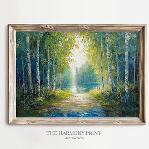 Birch Tree Forest Path Painting, Nature Landscape Wall Art, Serene Woodland Print