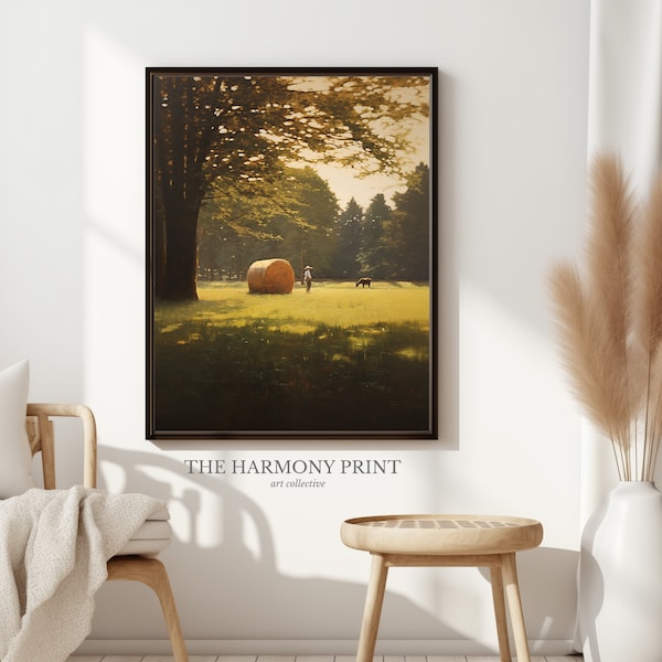 Farmer and Cow Oil Painting, Peaceful Farm Print, Lounge Wall Art, Farm House Wall Decor, Printable Digital Artwork