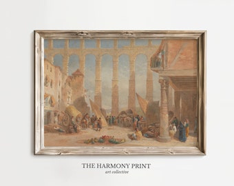 May include: A watercolor painting depicting a bustling marketplace in front of a Roman aqueduct. The scene is filled with people, carts, and animals, creating a lively atmosphere. The aqueduct is a prominent feature in the background, with its arches stretching across the sky.