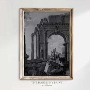 May include: A framed black and white print of an ancient Roman ruin with an archway, columns, and statues. The print is in a wooden frame. The text "THE HARMONY PRINT art collective" is at the bottom.