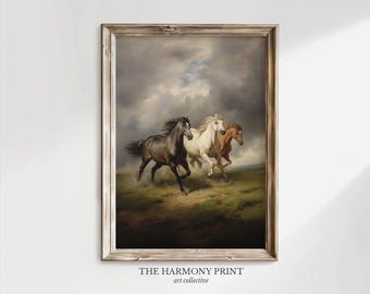 Wilde Pferde im Galopp, stürmischer bewölkter Himmel, Wiese Druck, Pferde im Galopp, Pferdesport Wandkunst, Ölgemälde herunterladen und drucken