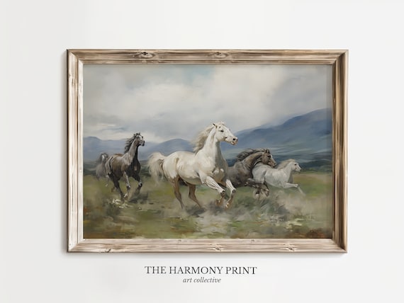 Wild Horses Running Painting, Equestrian Wall Art, Galloping Horse Print