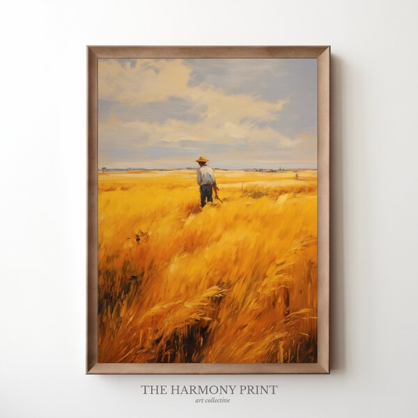 Wheat Farmland Artwork, Wheat Oil Painting, Old Oil Painting, Vintage Landscape, Warm Tone Print, Country side Art