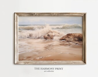 Waves Crashing on Rocky Shore, Coastal Landscape, Seaside Wall Art, Ocean Waves Painting
