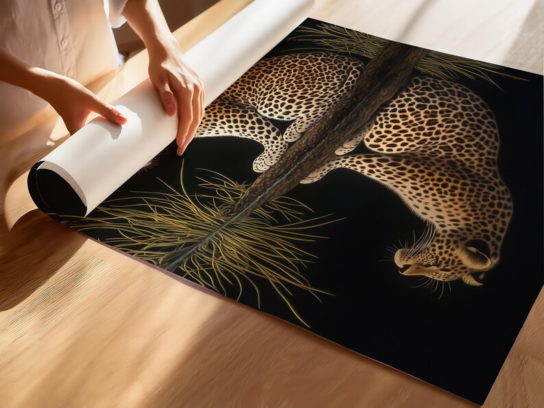 May include: A black and gold leopard print design on a black background. The leopard is curled up with its head resting on its paws. The design is surrounded by a border of gold and black.