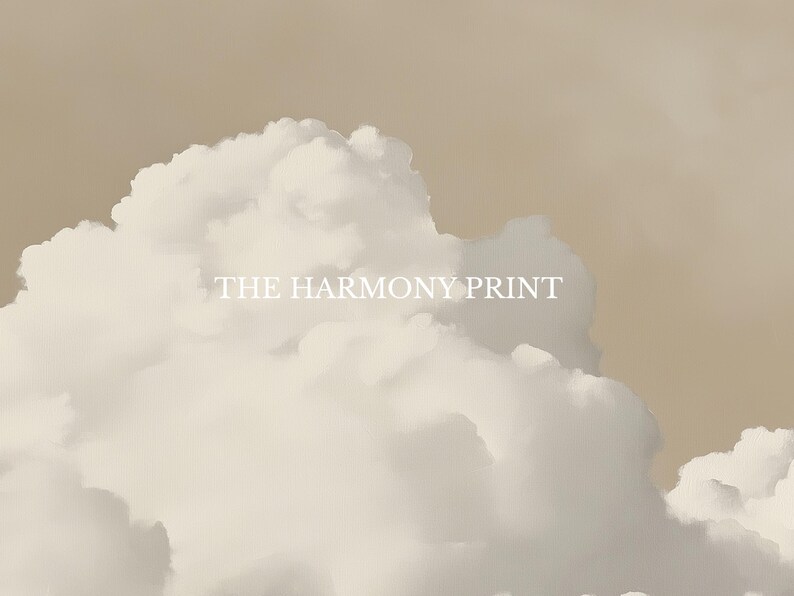 May include: A beige background with a large white cloud in the foreground. The text "THE HARMONY PRINT" is centered on the cloud.