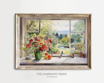 Descarga digital de ventana floral en acuarela, arte de naturaleza muerta con flores silvestres brillantes, lámina con vista de ventana de estilo cottagecore, arte de pared de jardín soleado