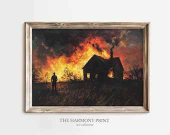Burning House Painting – Dramatic Fire Art Print, Emotional Landscape Wall Decor, Symbolic Silhouette Scene