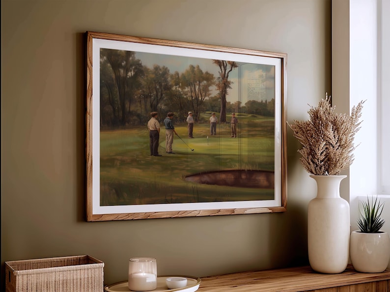Vintage Golf Scene Art, Group of Boys on Golf Course, Classic Sports Artwork, Retro Golf Decor, Traditional Wall Art for Living Spaces