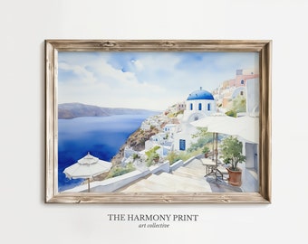 Santorini Watercolor Print: Greek Island View (Digital Download)