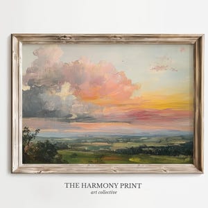 Sonnenuntergang Landschaft, Pink und Orange Himmel über grünen Feldern Wand Kunst Druck