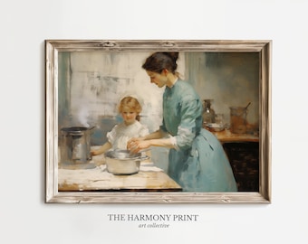 May include: A framed vintage print depicts a woman and child in a kitchen setting. The woman, in a blue dress, assists the child at a table. A pot steams on a stove. The print has a distressed, wooden frame. The text "THE HARMONY PRINT art collective" is at the bottom.