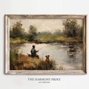 Arte murale vintage con ragazzo che pesca, decorazione per la cameretta dei bambini, arte murale per la cameretta dei ragazzi, scena di lago tranquilla con cane, regalo per la cameretta dei bambini, arte murale vintage