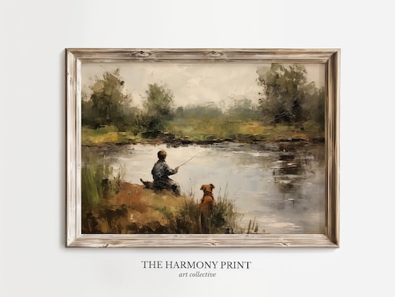 Vintage Boy Fishing Wall Art, Nursery Decor, Boys Room Wall Art, Peaceful Lake Scene with Dog, Nursery Gift Vintage Wall Art