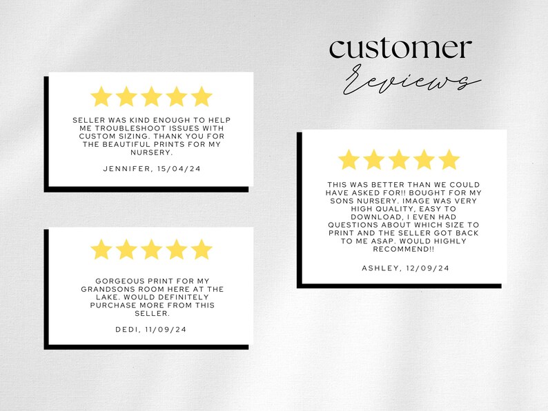May include: Five-star customer reviews for a seller on Etsy. The reviews highlight the seller's helpfulness, high-quality products, and quick response times. The reviews are written by Jennifer, Dedi, and Ashley.