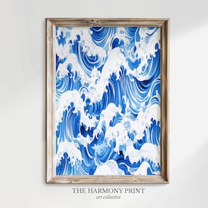 Blue Ocean Wave Art Print, Japanese Wave Wall Art for Coastal and Beach Home Decor