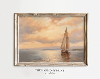 PRINTABLE Ocean Sunset Sailing Boat Wall Art, Digital Oil Painting, Sunset Seascape Landscape Home Decor