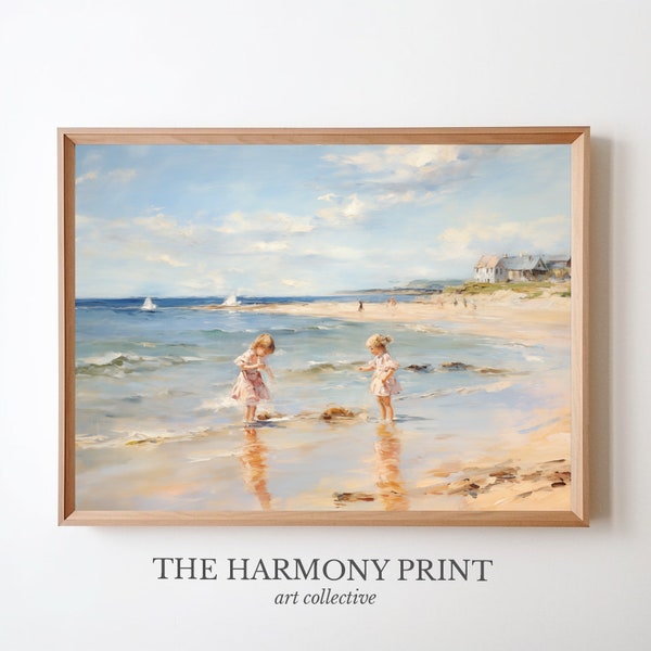 Young Girls Playing at the Beach, Colourful Watercolor Painting, Ocean Seascape Digital Artwork, Lounge Wall Art