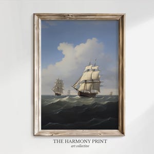 Sailing Ship Oil Painting, Digital Artwork, Coastal Wall Art, Vintage Ship Print, Sail Boat and Ocean, Beach House Decor