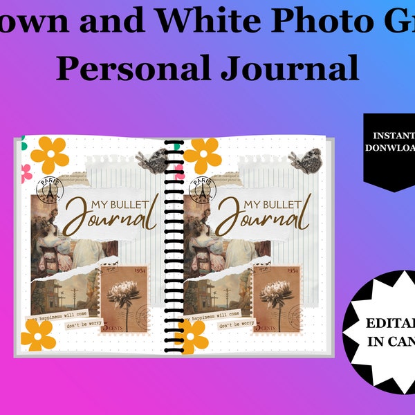 Personal Photo Grid Journal Template, Brown and White Daily Scrapbook Planner Journal Editable, Life Journal Diary, Pretty Journal, Digital