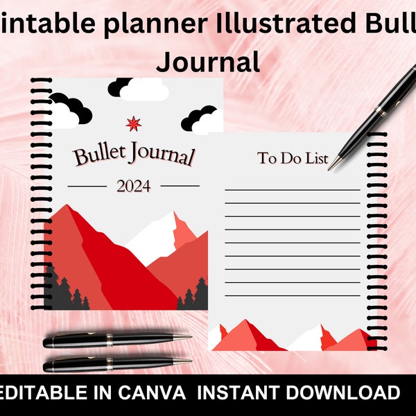 Illustrated Bullet Planner Journal 2024, Daily Task Planner Printable Editable, to do List, Goals Tracker, Daily Schedule, Self-Reflection