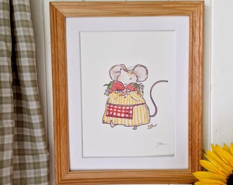 Original Happy Strawberry Mouse Watercolour Art Print