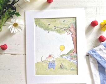Original Happy Balloon Mouse Watercolour Art Print