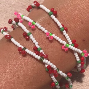 Stacked Cherry Seed Bead Bracelets, Summer Fruit Charm Jewelry