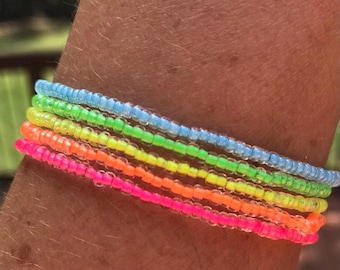 Luminous Neon Tiny Beaded Bracelets or Anklets: Colorful Layering Jewelry, Handmade