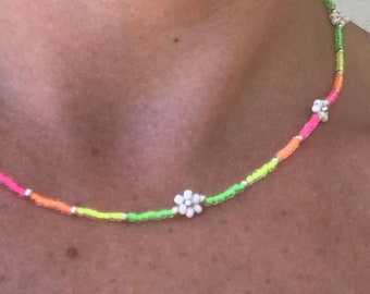 Rainbow Beaded Flower Choker Necklace, thin seed bead stretchy necklace, Waterproof jewelry, Beaded daisy flower, neon summer festival