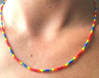 Rainbow Beaded Necklace, Colorful summer, stretchy glass seed beads, Dainty small thin beaded choker necklace, Cute seed bead necklace,