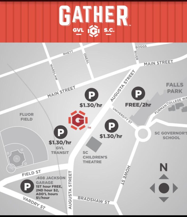May include: A map of the Gather GVL area in South Carolina featuring street names like Main Street and Augusta Street, landmarks such as Fluor Field and SC Children's Theatre, and several parking locations with pricing and time limit information.