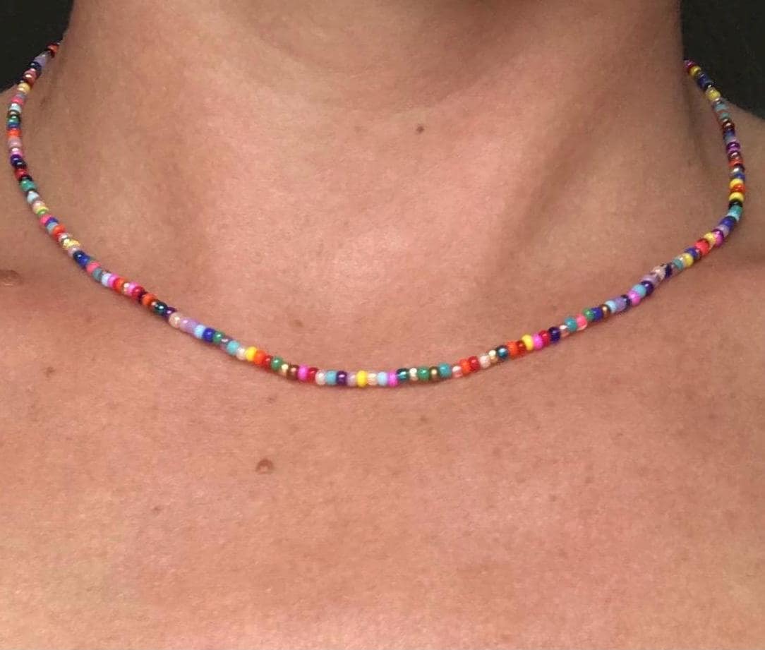 Tiny Colorful Seed Bead Necklaces, Pretty summer waterproof choker, Body Chain, Beaded Handmade boho, thin multicolor Stretchy or clasp