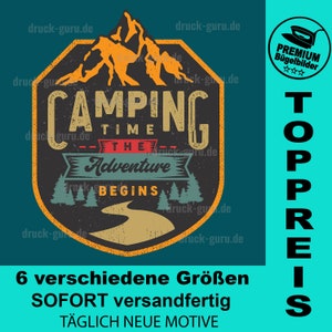 May include: A black and yellow camping themed iron-on transfer with the text "Camping Time The Adventure Begins". The design features a mountain range, a winding road, and pine trees.