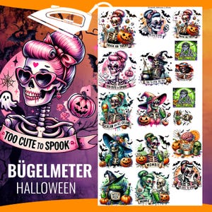 May include: A set of 16 iron-on transfers featuring various Halloween-themed designs. The designs include skeletons, pumpkins, witches, and other spooky characters. The transfers are perfect for adding a festive touch to clothing, bags, and other fabric items.