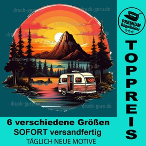 May include: A vintage camper van parked in front of a mountain lake at sunset. The scene is surrounded by a circle of trees and a sunset sky with a bright orange sun. The text "TOPPREIS" is in large letters on the right side of the image. The text "PREMIUM Bügelbilder" is in a box in the upper right corner of the image.