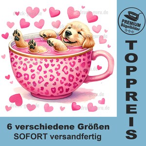 Puede incluir: Una taza de té rosa con un diseño de estampado de leopardo y un cachorro golden retriever nadando en ella. La taza de té está rodeada de corazones rosas.