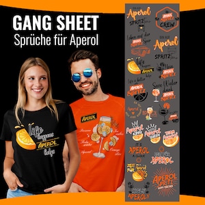 Puede incluir: Dos personas con camisetas con diferentes diseños de Aperol Spritz. Los diseños incluyen rodajas de naranja, vasos de Aperol Spritz y varios lemas como "La vida es mejor con Aperol Spritz" y "Salva el agua, bebe Aperol Spritz".